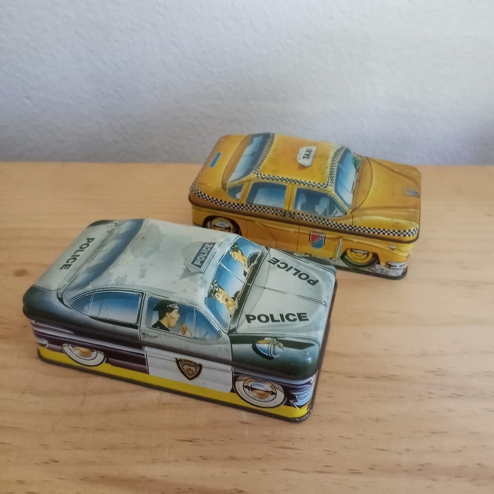 Vintage Tin Box Vehicles England 1982 Taxi Police Car (2) Logan's Carlectibles
